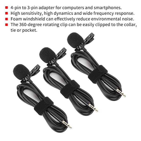3 st Mobiltelefon Lavalier Clip-on Kapacitans Mikrofon MIC 3,5 mm AUX Utrustning