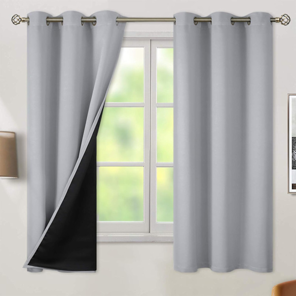 Termisk isolerte 100 % mørkleggingsgardiner for soverom med svart fôr, dobbeltlags full rommørkende støyreduserende gardin med hemper (2 paneler)