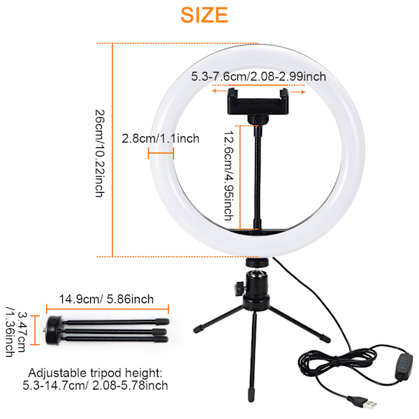 26cm Live Broadcast Ring Fill Light Universal Ballhead Desktop Bracket Mobiltelefon Clip Tilbehør