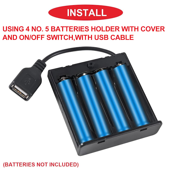 Anslutningskabel för ljusdekorationer, hållbar konstruktion 4 AA-batterihållare med på/av-knapp och USB-honkontakt