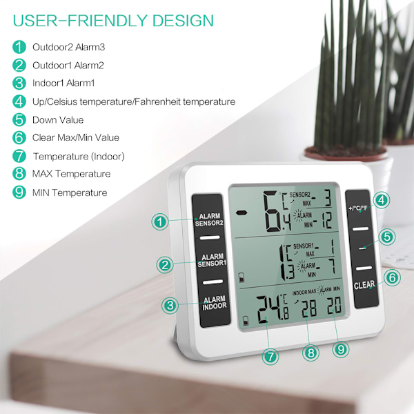 Trådlös digital kylskåpstermometer, uppgraderad version av digital frystermometersensor, med 2 st sensorslarm och inomhus/utomhus