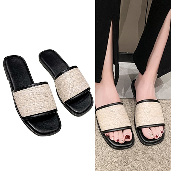 1 Par Vävda Tofflor Dam Retro Platt Botten Enkel Rem Sandaler Fransk Nisch Sommarskor Svart Storlek 38