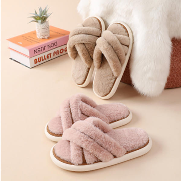 Damtofflor - Mysiga plyschtofflor med fluffig pälsöppen T