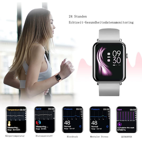 Smartklocka för kvinnor Fitness Tracker Watch IP67 Vattentät, 1,69 tum HD Full Touchscreen Fitness Watch Tracker med Blodsyre/Hjärtfrekvens