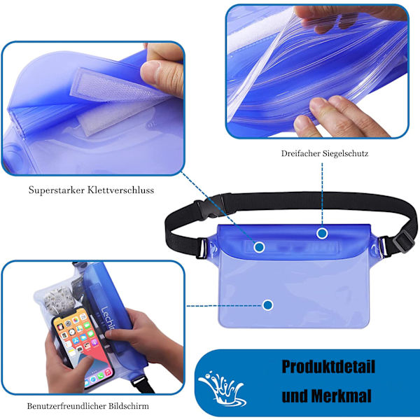 2-pack transparenta vattentäta påsar med justerbar vattentät väska, IP68 vattentät telefonväska, vattentät midjeväska för strand, vattensporter, simning,