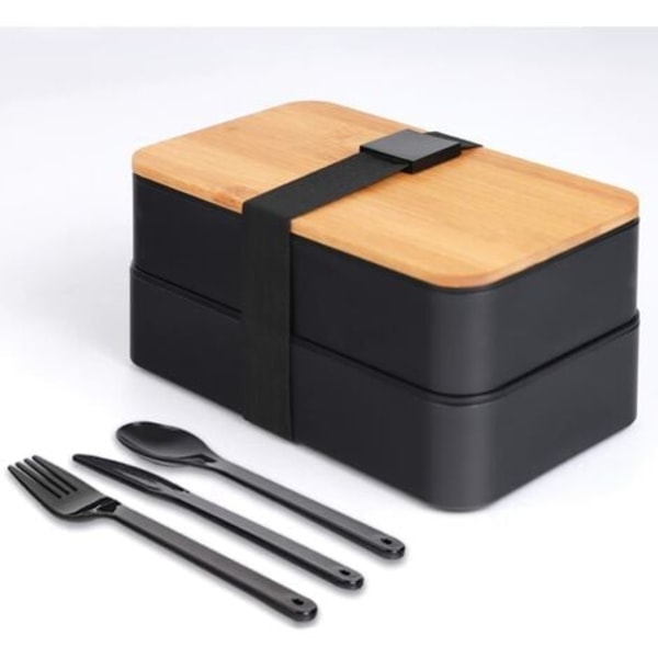 Japansk Bento-boks - Matboks med rom - 3-delt bestikk - Matboks med bambuslokk for skole og jobb for barn og voksne thsinde