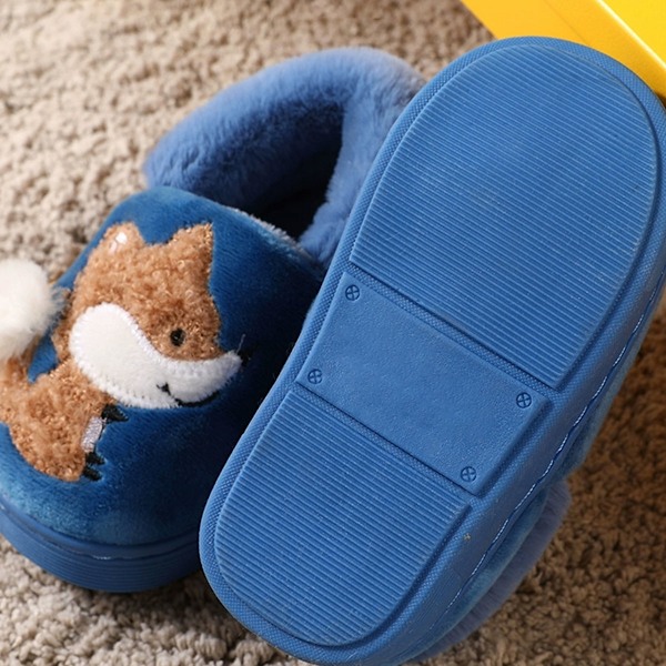 1 par Tofflor för småbarn, Pälsfodrade Varma Slip-On Hemtofflor Söta Vintertofflor Halkfria Innetofflor (räv) blue 15cm