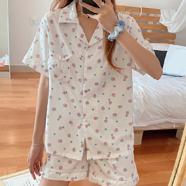 Dam Sommar Pyjamas Kortärmad Bröstficka Prickigt Tryck Nedvikt Krage Tvådelad Sovkläder Vit M