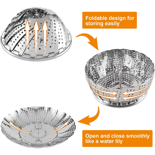 Dampkurv i rustfritt stål, tilbehør til Instant Pot for mat og grønnsaker, førsteklasses utvidbar dampkurv som passer til gryter i ulike størrelser, medium