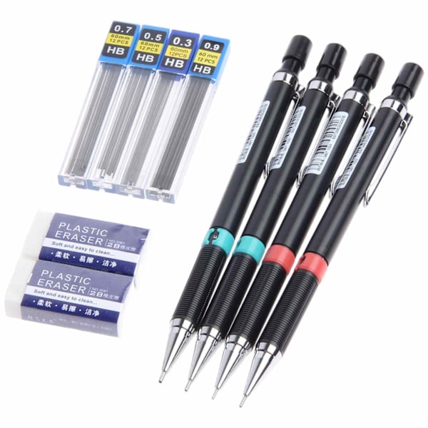 Mekaniskt Pennset, 0.3 0.5 0.7 0.9mm HB Mekanisk Penna Automatisk Penna Stiftpenna Arkitektur Tryckpenna med Suddgummi Pennstift