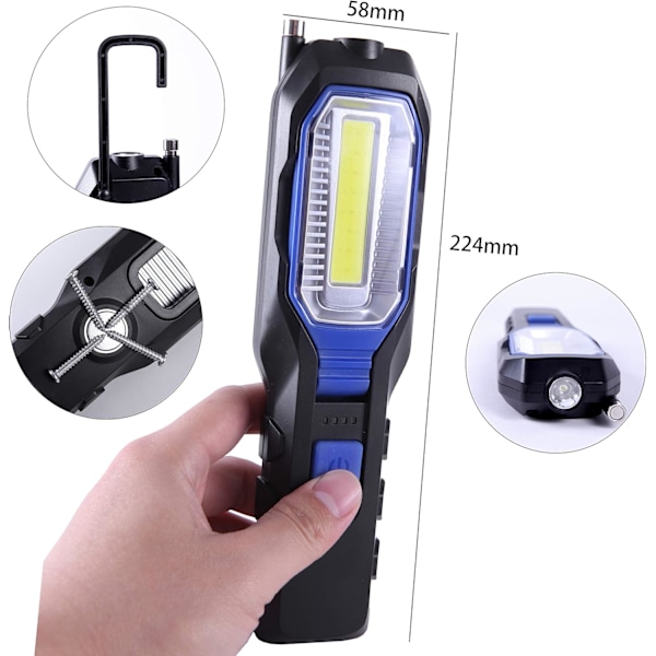Oppladbar LED bærbar arbeidslampe, kraftig oppladbar LED arbeidslampe, USB magnetlampe, 2800mAh COB batteri, krok og 3-i-1 ladekabel