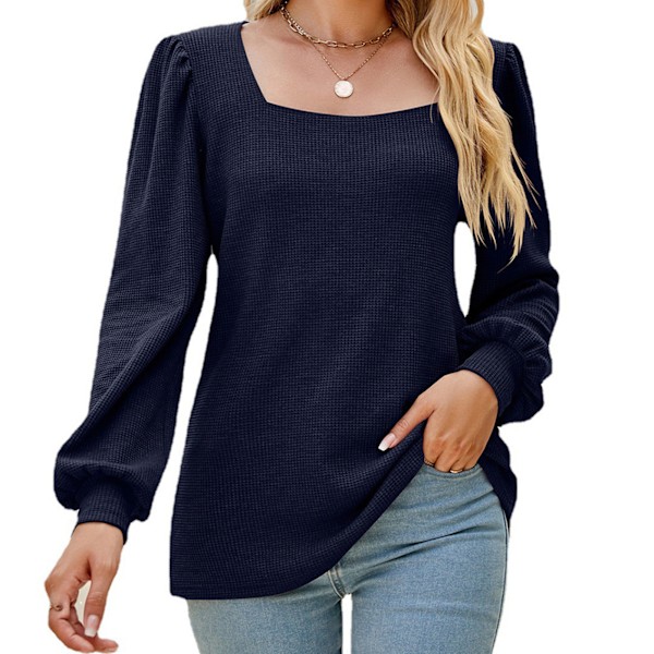 Dam Puffärm T-shirt Lös Enfärgad Tröja Kvinnlig Långärmad Casual Topp Marinblå L