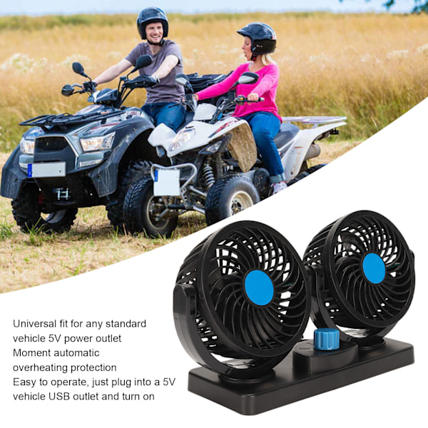 USB-auton tuuletin, kaksoispää, hiljainen, 360 astetta kääntyvä, tehokas, kannettava ajoneuvon jäähdytystuuletin kuorma-autoon, matkailuautoon, mönkijään, veneeseen