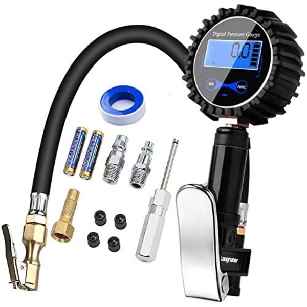 Digitalt däcktrycksmätare, hög precision digitalt däcktrycksmätare med påfyllningspistol för bil motorcykel cyklar, LCD-display 250 PSI, 1/4\" NPT