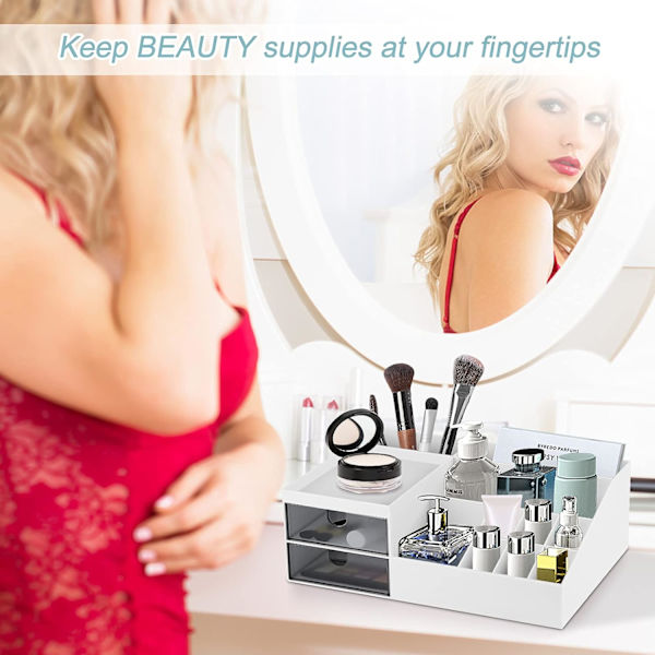 Makeup Organizer, Makeup Opbevaring, Kosmetik Opbevaring med Skuffer til Skrivebordsarrangør, Makeup Organizer til Kommode, Soveværelse, Badeværelse Hvid