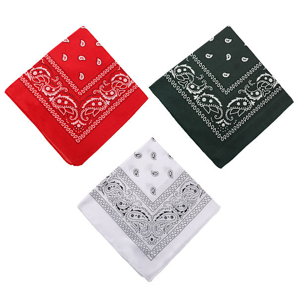 Sæt med 3 bandana-hovedtørklæder, dame- og herre-røde, hvide, sorte tørklæder, bandana, hovedtørklæde, hals, firkantet tørklæde, farverigt