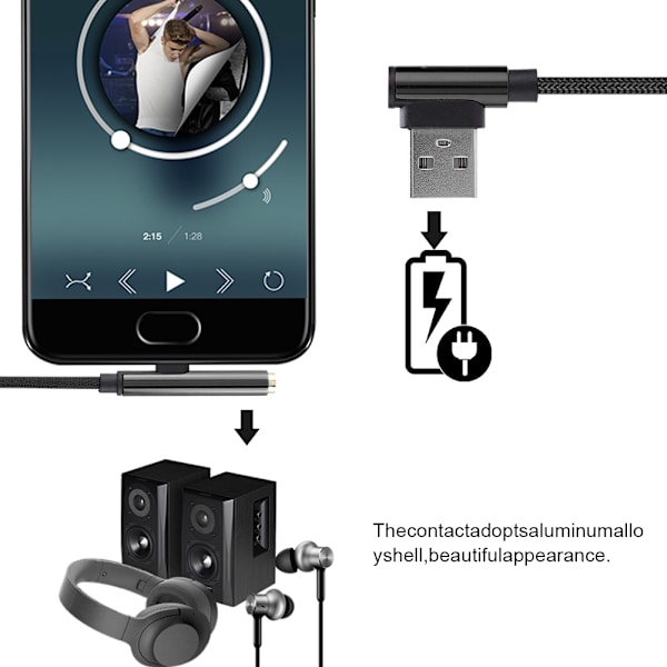 2 i 1 1m/3.3ft Type-C til 3.5mm opladningsmusik lytteopkald hovedtelefon lydadapter (sort)