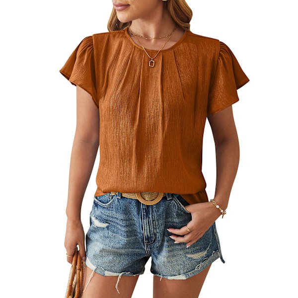 Dam Ruffle Kortärmad Topp Plisserad Halsringning Trim Bakre Spänne Sommar Casual Lös Passform Blus Brun XL