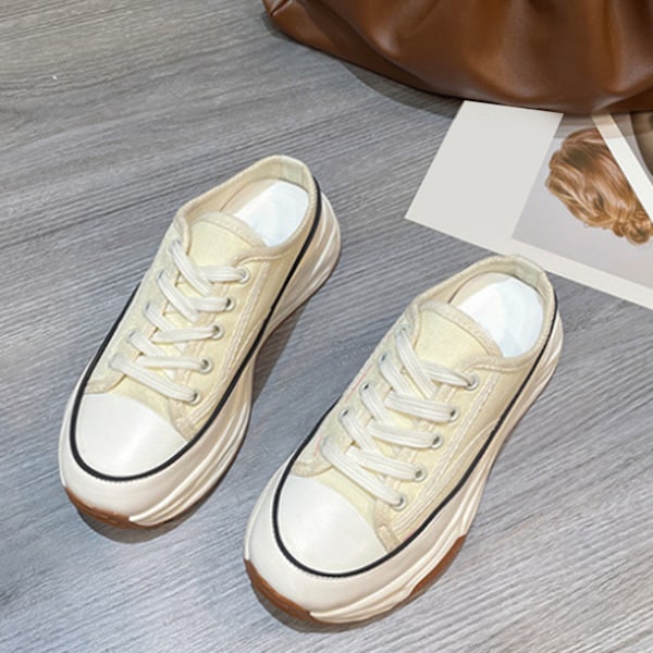 Kvinnors snörskor tofflor tjocka sulor stängd tå minska fötter trötthet canvas casual slip on skor vit 36
