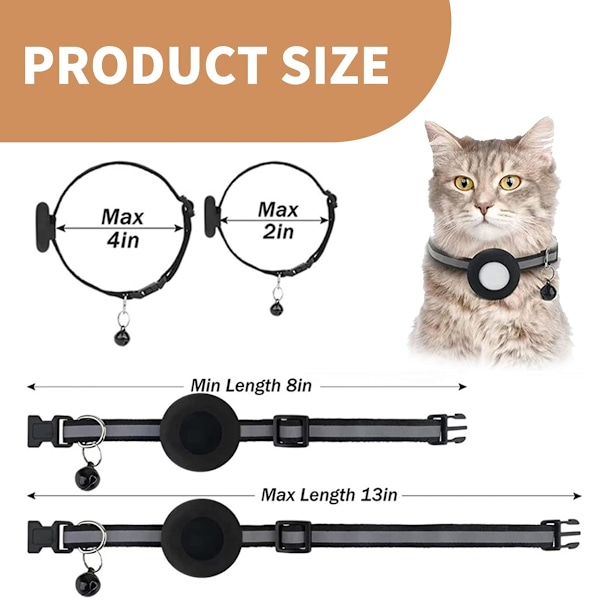 Sött Halsband med Spänne för Katt, Säkerhetsspänne med Spårare för Små Husdjur i Svart med Reflexdesign (Justerbar Längd)