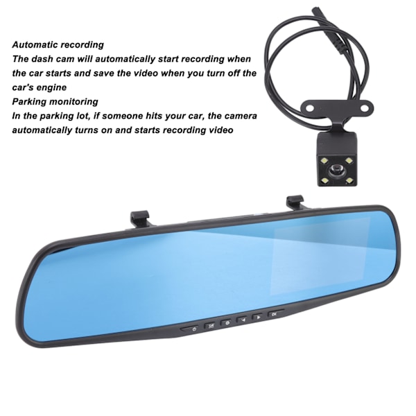 Backspegel Dash Cam 4.3in skärm 1080p Loop inspelning inbyggd G-sensor parkeringsövervakning för bil