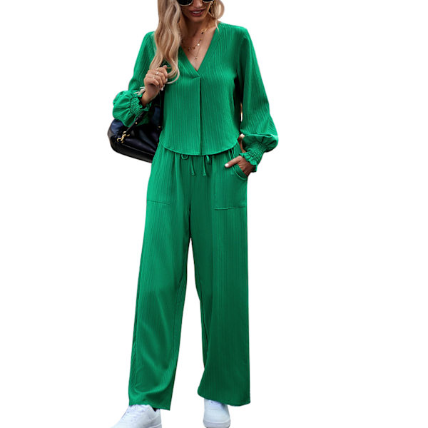 Dam 2-delat fritidsset Enfärgade set V-ringad rynkad topp Mellanhög midja Dragsko Långärmade byxor Casual outfits Grön L