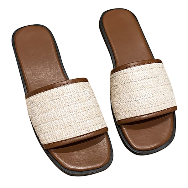 1 Par Vävda Tofflor Dam Retro Platt Botten Enkelrem Sandaler Fransk Nisch Sommarskor Ljusbrun Storlek 38