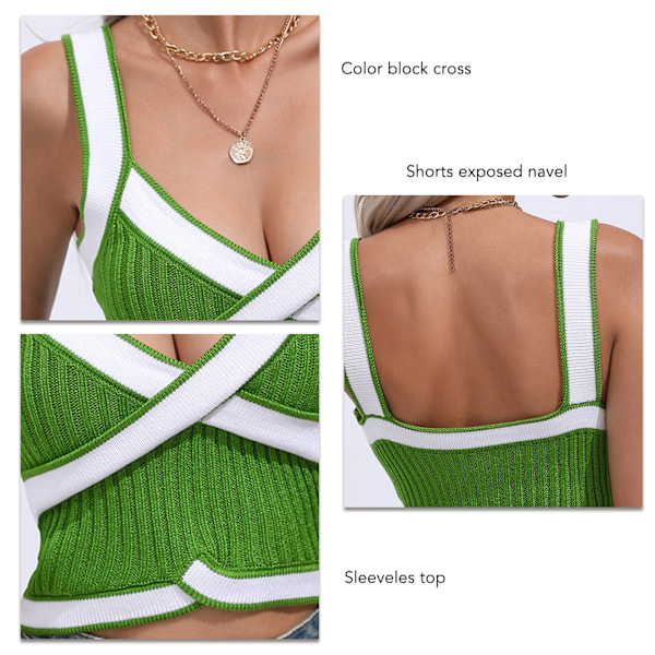 Färgblock Korsad Omlott Tank Top Bred Axelband Ärmlös Korsad Fram Tank Top för Dam Flicka Sommar Dejt Grön M