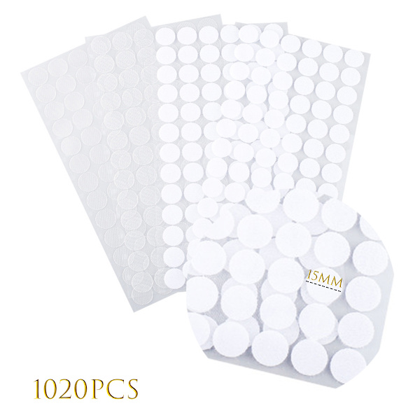 Paket med 1020 självhäftande kardborrprickar, 15 mm, 510 par runda självhäftande prickar, dubbelhäftande kardborrfäste, självhäftande kardborrprickar,