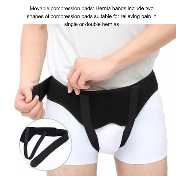Hernesupport for menn, justerbar lyskebrokkstøtte, belte med PU-skumbeskyttelse, svart, M