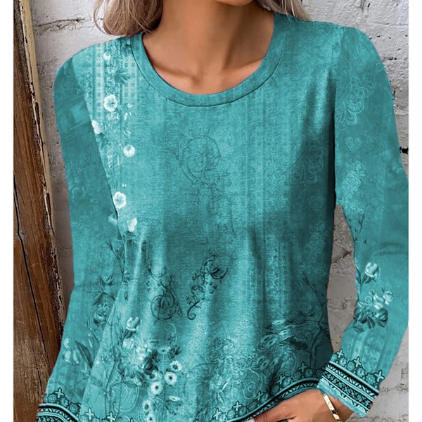 Rundhalsad Blommig Blus Långärmad Trendig Casual Figursydd Blommig Tryckt Blus för Kvinnor Himmelsblå XL