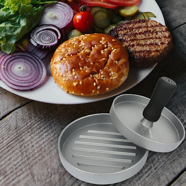Burgerpress, hamburgarepress, kraftig konstruktion med non-stick yta, perfekt hamburgarform för jämnt tillagade hamburgare, presentidé för hemmakockar