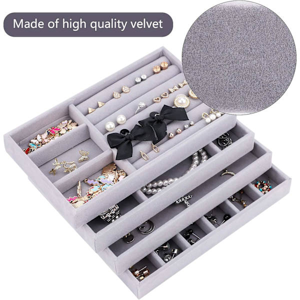 Smyckesfack Organizer Set om 4 Sammetsstapelbara Smyckeslådor Organizer Fack Örhänge Ring Halsband Armband Display Stativ Showcase Smyckesförvaring