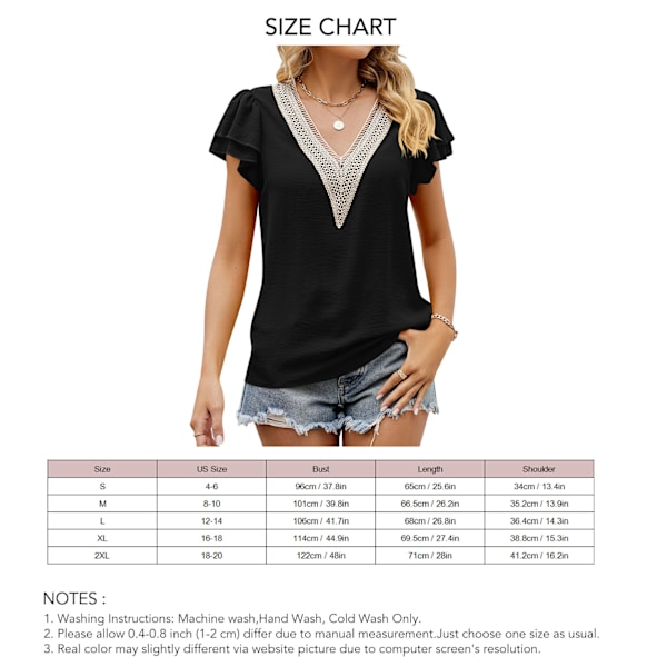 Dam Spets Djup V-ringad Blus Volangärm Casual Lös Passform Elegant T-shirt för Sommar Svart XXL
