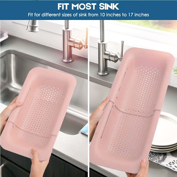 Hopfällbart Durkslag Kök Utdragbart Sil Frukt Grönsaker Nudlar Pasta Mat Avloppskorg Utrymmesbesparande Bärbar Avlopp över Diskhon Pink