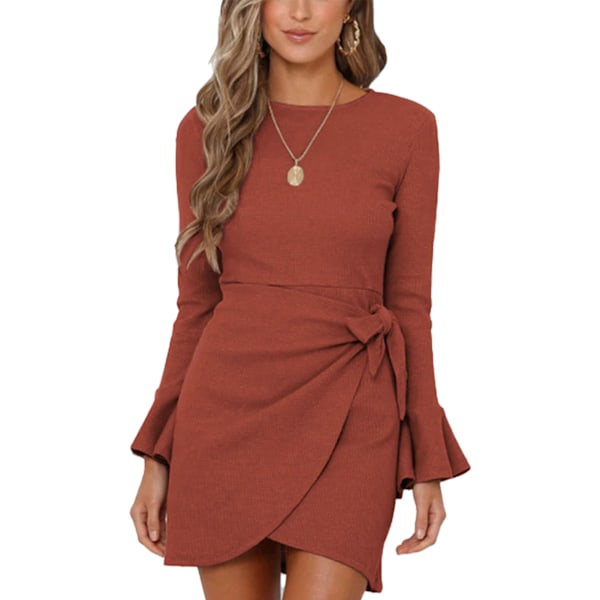 Flared Long Sleeve Bow Belted Dress Round Neck Slim Fit Bodycon Waffle Knit High Waist Midi Dress för fest Tegelröd L