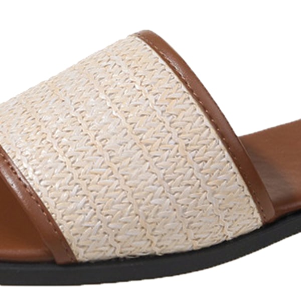 1 Par Vävda Tofflor Dam Retro Platt Botten Enkelrem Sandaler Fransk Nisch Sommarskor Ljusbrun Storlek 38