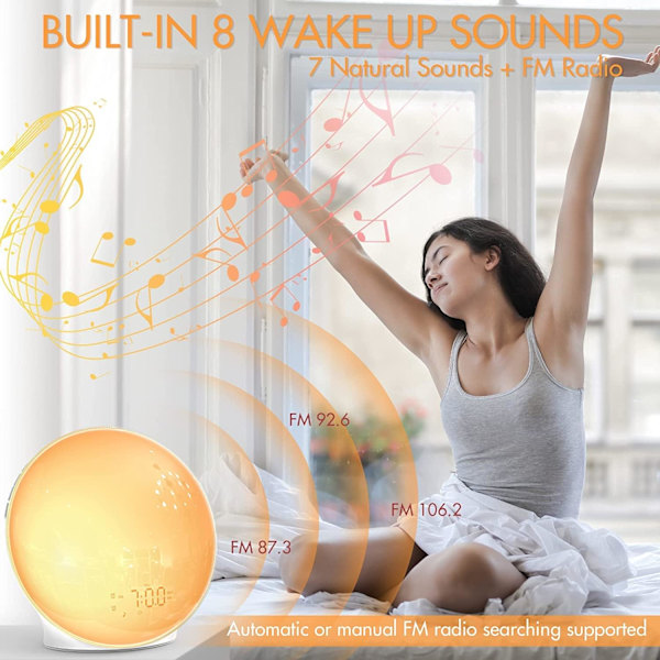 Soluppgång Väckarklockor, Vakna Upp Ljus för Skonsamma Morgonrutiner med Dubbla Alarm, Obegränsad Snooze, Sömnhjälp, Vit Brus Ljudmaskin, Bluetooth