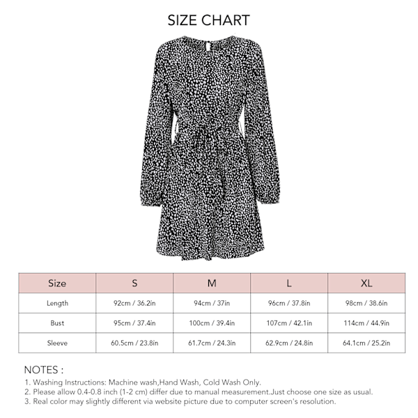 Leopardmönstrad kort klänning casual lös lång lykta ärm rem besättning hals veckad klänning för dam svart M