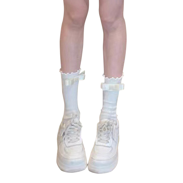 Frill Trim Långa Strumpor Casual Stickade Volang Vänd Manschett Strumpor med Bågar för Flickor Kvinnor Vit Båge Fri Storlek