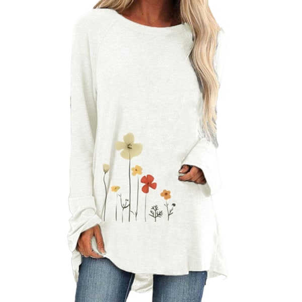 Dam Rundhalsad T-shirt Blommönster Långärmad Andningsbar Ledig Lös Blus V S