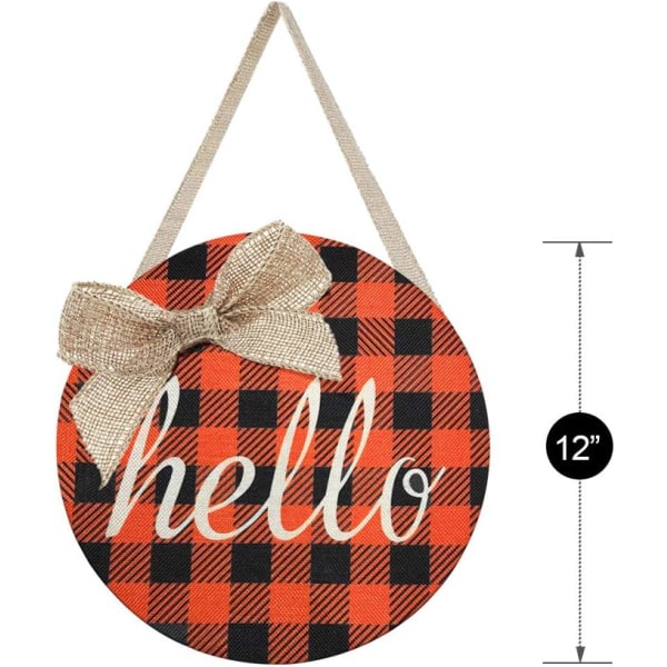 Orange Buffalo Check Plaid Burlap Hello Sign Door Hanger - Fal