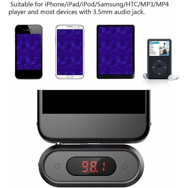 3,5 mm:n audiopää, matkapuhelin/Pad/MP3/MP4/MP5/tabletti, sisäänrakennettu FM-lähetin, 300 mAh akku, autoradiolähetin