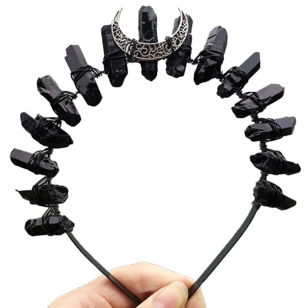 Rå krystal tiara krone hårbånd, sort kvarts rhinsten måne