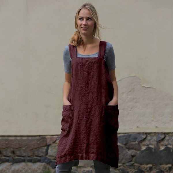 Bomulls- og linforkle med kryssrygg for kvinner med store lommer