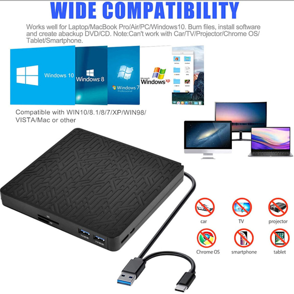 Extern Blu-ray-enhet, Multifunktionell Blu-ray-spelare med USB 3.0 Type-C-gränssnitt, CD DVD-brännare Kompatibel med Windows Laptop Desktop, Bluray