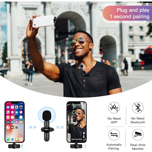 Bluetooth Lavalier Mikrofon, Full Band 20 kHz Stereo, Noll Fördröjning för YouTube, Podcast, Vlog, Intervju