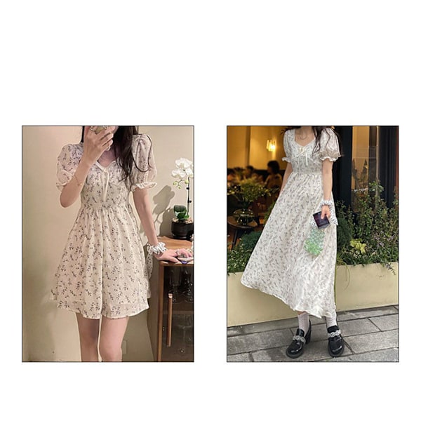Dam Puffärm Blommig Klänning Trendig Vacker Mjuk Behaglig Andningsbar Damklänning för Sommar Lång Modell M