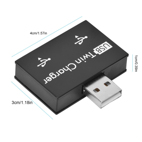 Hub USB2.0 Han til 2-Port USB Twin Charger Splitter Adapter Konverter Koncentrator (Sort)