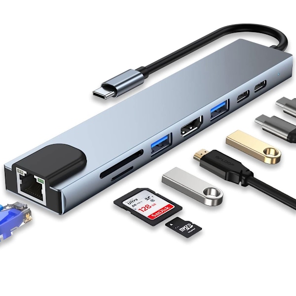 Multifunktionell USB C Hubb, 4K HDMI-adapter för MacBook Pro, Chromebook och mer, med Ethernet 100M, PD-laddning, SD-kortläsare, TF-kortplats,